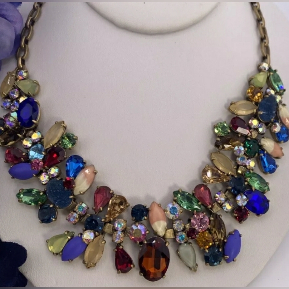 J. Crew Druzy Multicolor Statement Necklace Asymmetrical Mixed Gem Melange